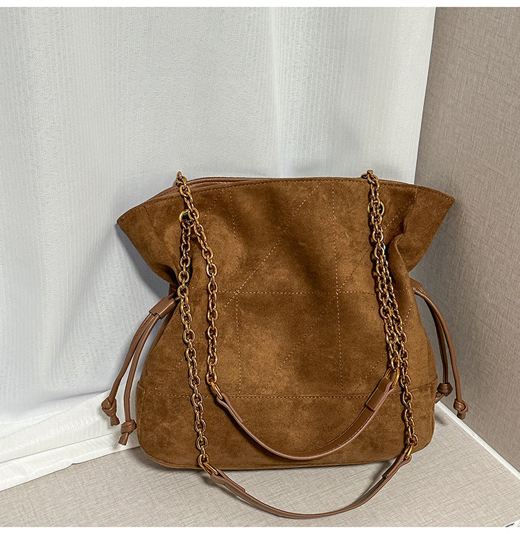 Retro Suede Tote Bag With Chain Strap Stylish Casual Shoulder Bag