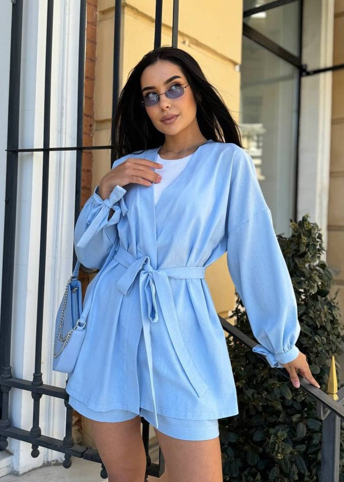 Linen Wrap Front Set With Belted Shirt And Shorts