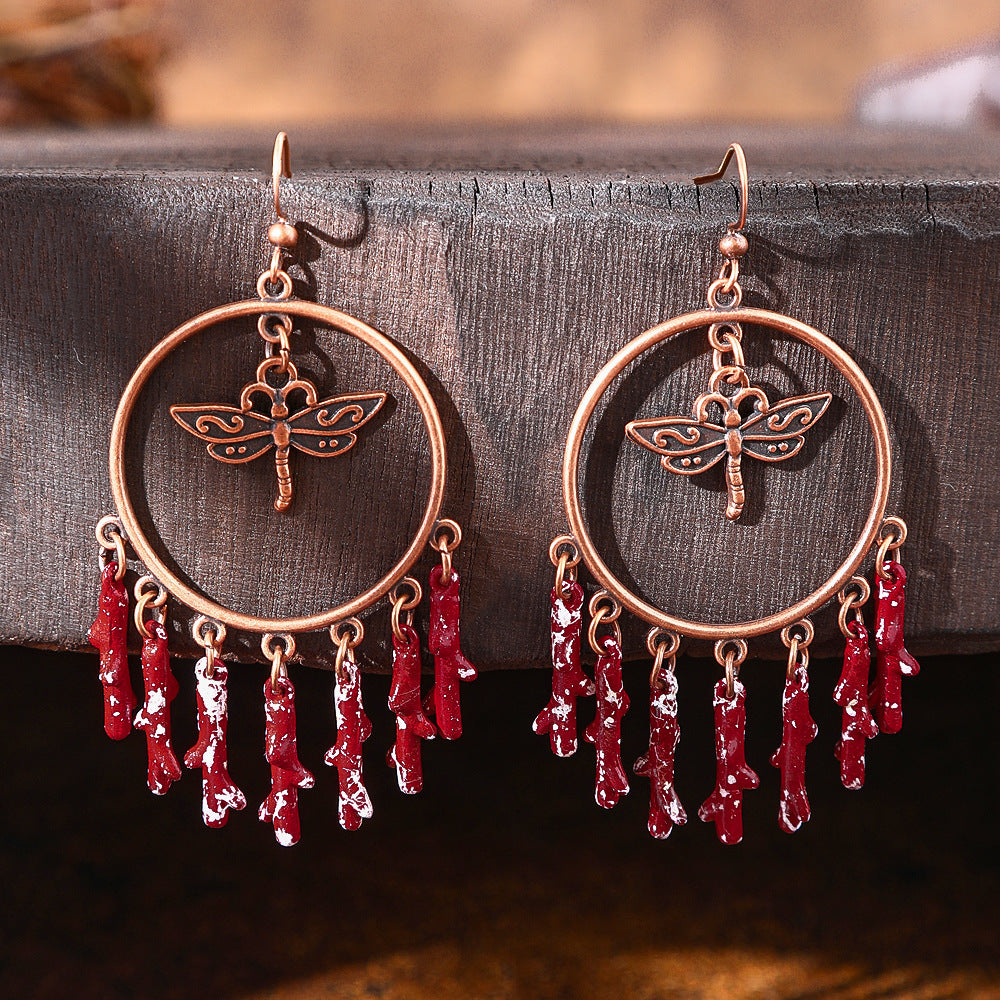 Vintage Chandelier Tassel Earrings Red Unique Elegant Statement Jewelry