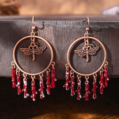 Vintage Chandelier Tassel Earrings Red Unique Elegant Statement Jewelry
