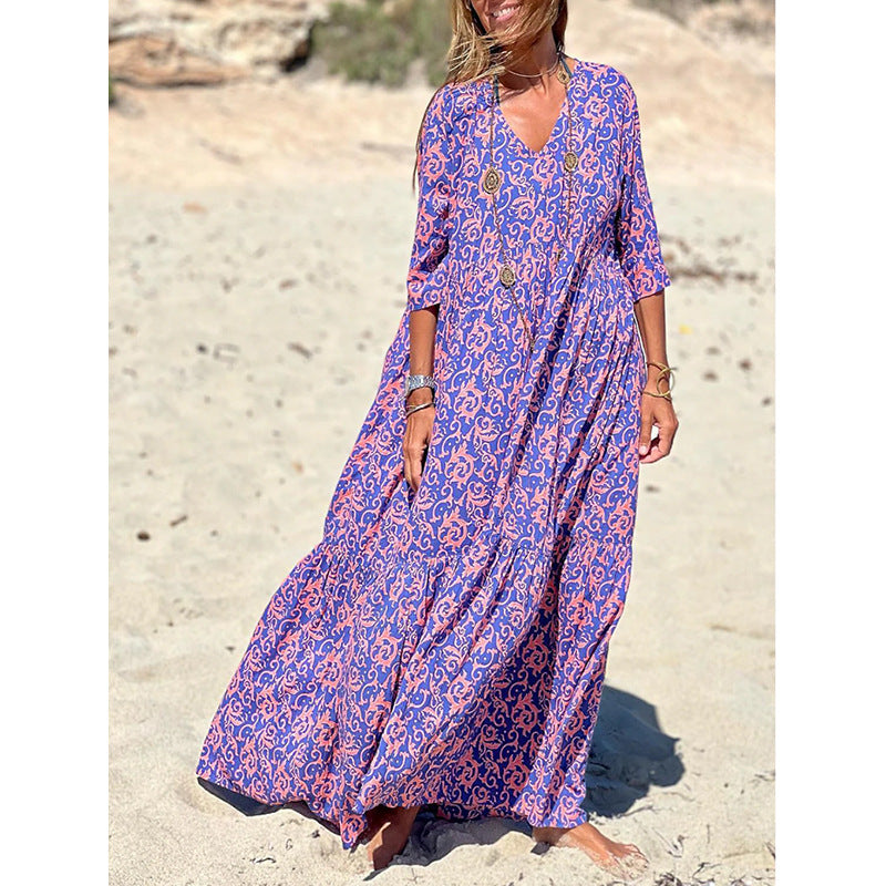 Early Autumn New Fashion V-Neck Print Casual Beach Swing Dress
