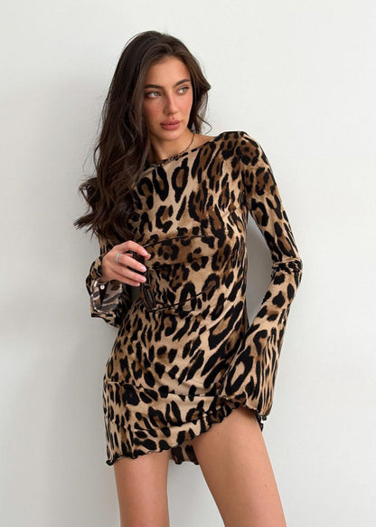Mini Dress Leopard Print Stretch Fabric Open Back
