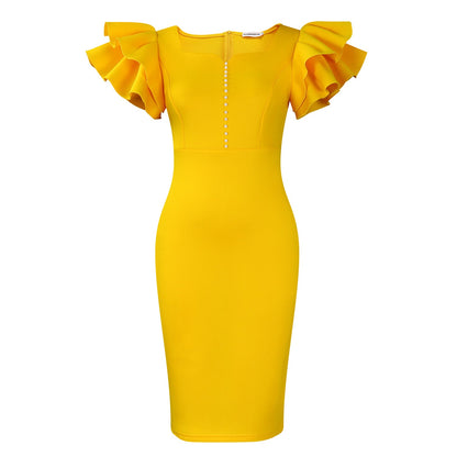 Elegant V-Neck Pearl Detail Bodycon Dress