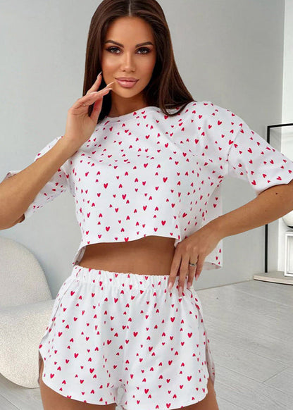 Two Piece Lounge Set Soft Cotton Heart Print