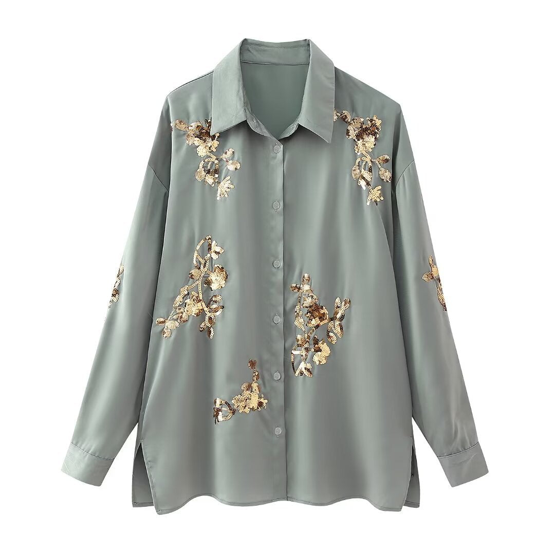 Sequin Embroidered Casual Shirt Pants Set