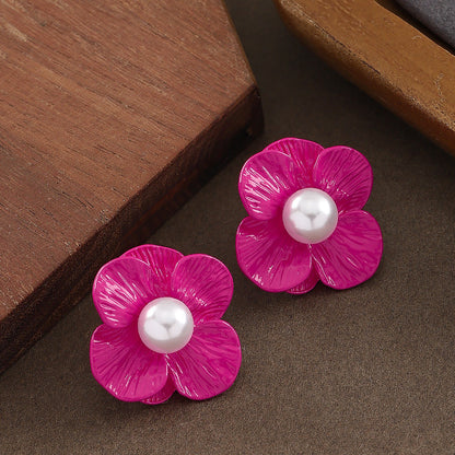 Chic Klein Blue Floral Pearl Earrings With Silver Pins
