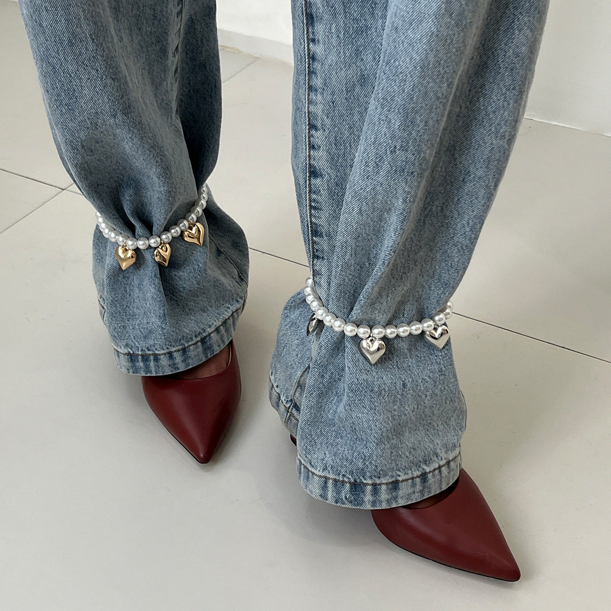 Trendy Pearl Beaded Anklet With Heart Pendant And Tassels