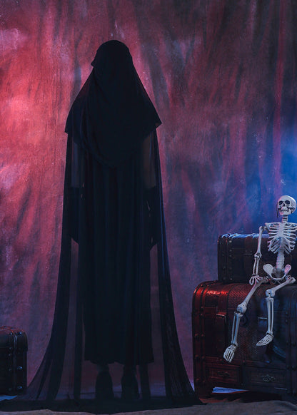 Long Black Dress With Sheer Hooded Cape