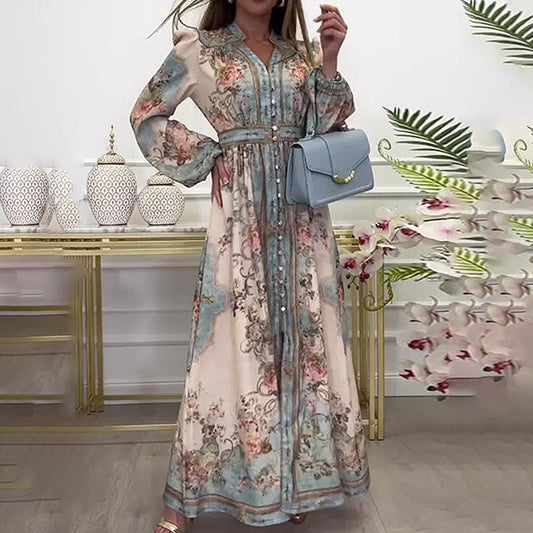 Vintage Floral Long Sleeve A-Line Dress
