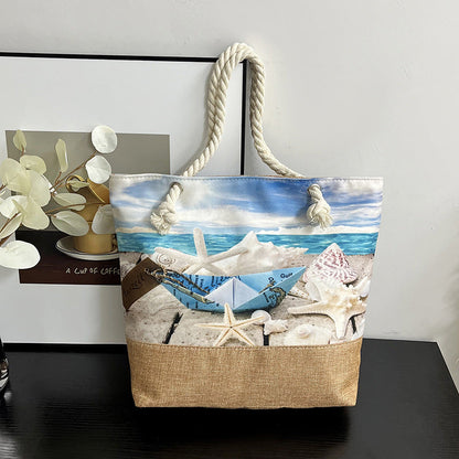 Large Capacity Digital Print Linen Beach Bag for Women