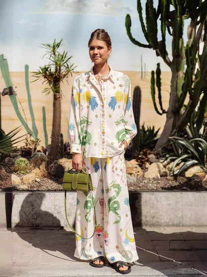 Fashionable Flair Printed Linen Long Sleeve Shirt Set