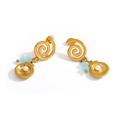 Ocean-Inspired Pearl Shell Pendant Earrings 18K Gold Titanium Steel