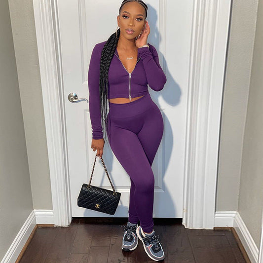 Solid Color Long Sleeve Zip Cropped Top And Pants Set