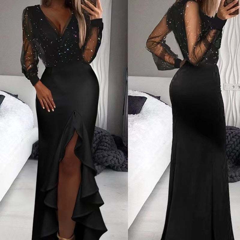 Elegant Black Midi Dress With Sheer Sequin Overlay