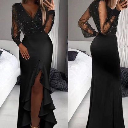 Elegant Black Midi Dress With Sheer Sequin Overlay