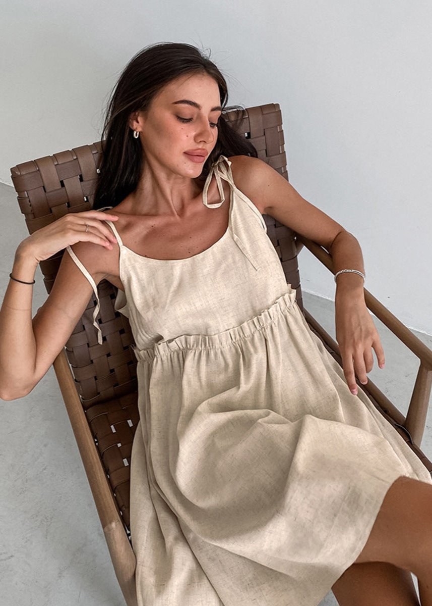 Adjustable Strap Linen Dress With Gathered Waist