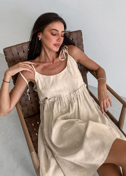 Adjustable Strap Linen Dress With Gathered Waist
