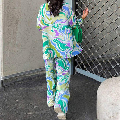 Chic Floral Long Sleeve Shirt And Pants Set