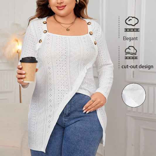 White Long Sleeve Square Neck Blouse Casual Plus Size Tunic