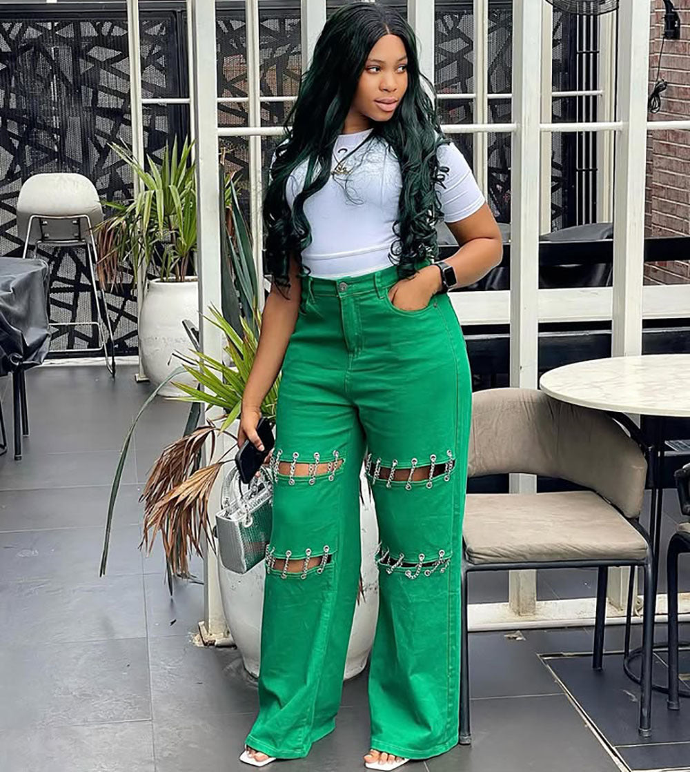 High-Waisted Denim Pants With Chain Details For Women