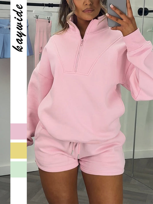 Casual Zipper Hoodie & Shorts Set for Women