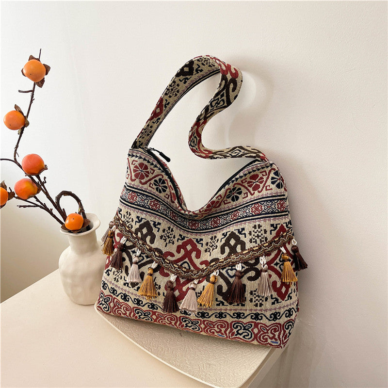 Trendy Ethnic Style Large Canvas Tote Bag with Fringe