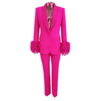 Luxury Ostrich Feather Blazer And Trouser Set