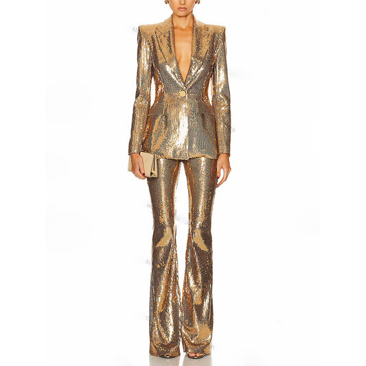 Gold Sequin Blazer And Trouser Set Stylish Two-Piece