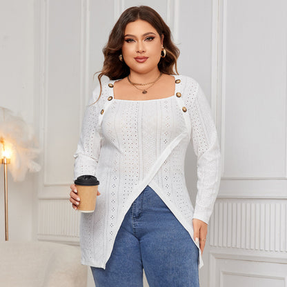 White Long Sleeve Square Neck Blouse Casual Plus Size Tunic