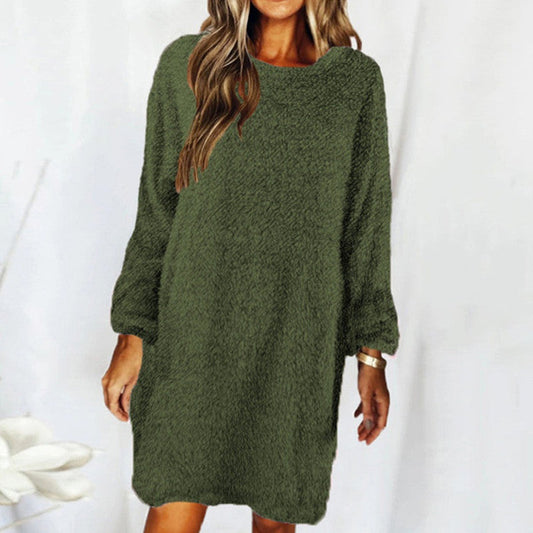 New Autumn And Winter Solid Color Comfortable Plush Long Sleeve Round Neck Loose Dress
