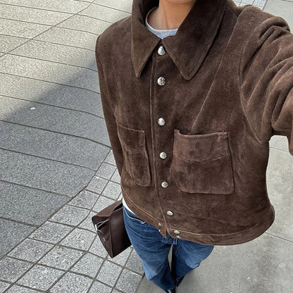 Casual Lapel Collar Suede Single Button Cropped Coat