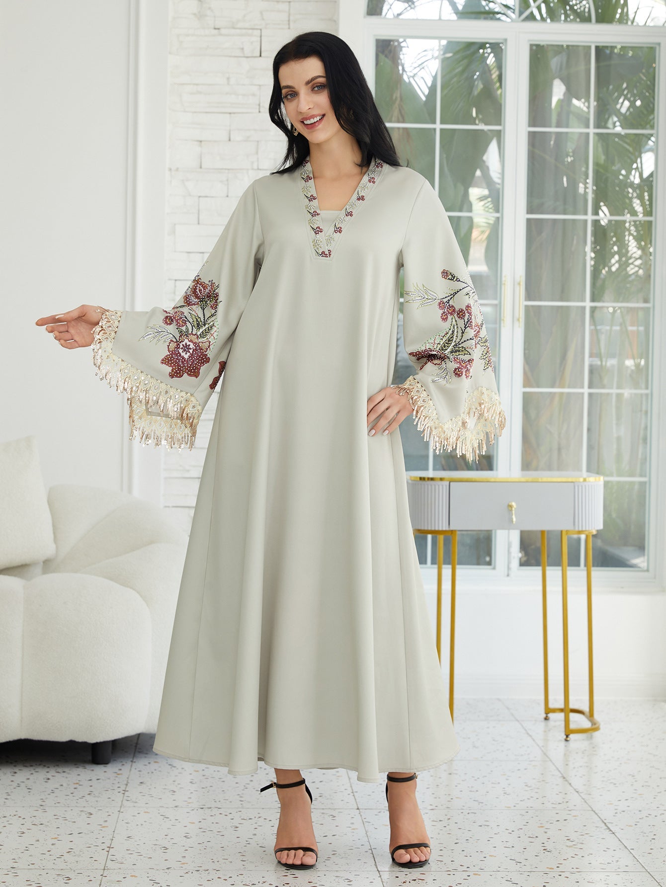 V-Neck Printed Fringed Abaya Dress for Women
