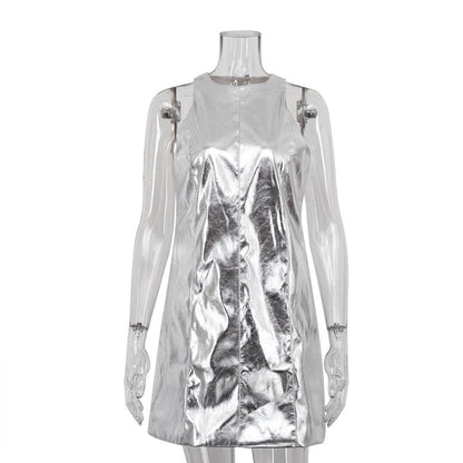 Sleeveless Silver PU Mini Dress for Night Out