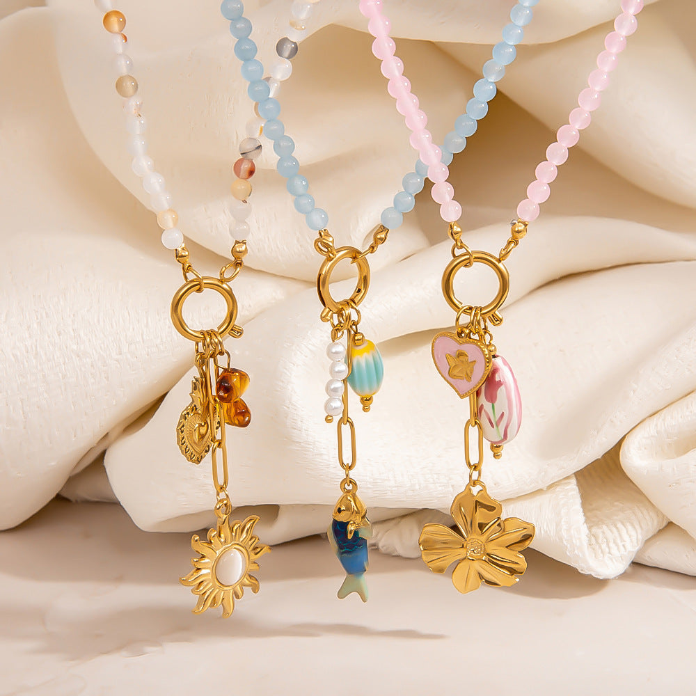 Floral Sun Pendant Stainless Steel Necklace Trendy Casual Choker