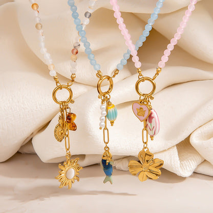 Floral Sun Pendant Stainless Steel Necklace Trendy Casual Choker