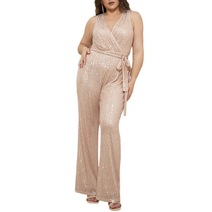 Plus Size Sequin V-Neck Jumpsuit Elegant Casual Wear