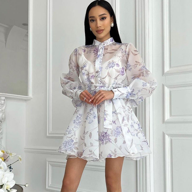 Elegant Floral A-Line Dress with Long Sleeves