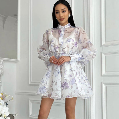 Elegant Floral A-Line Dress with Long Sleeves