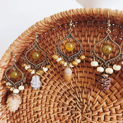 Bohemian Geometric Tassel Earrings with Agate Beads