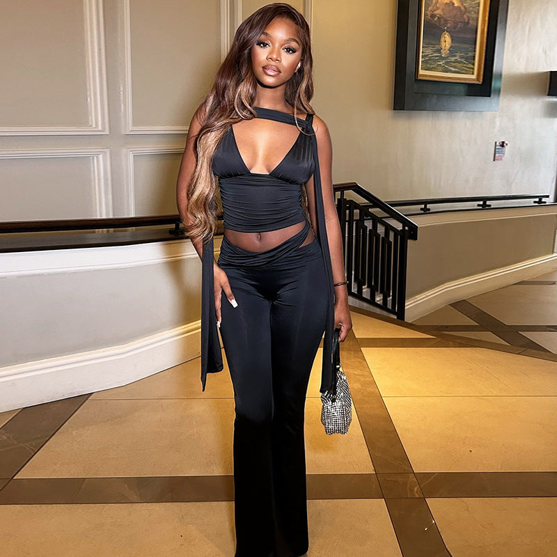 Cropped Solid Color Sleeveless V-Neck Top & Pants Set