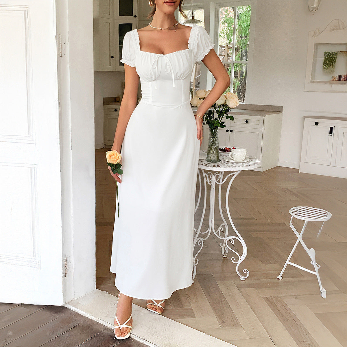 Elegant One-Shoulder Long Dress with Short Sleeves