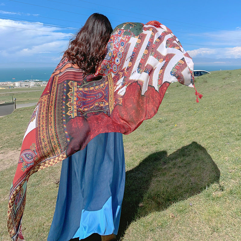 Retro Ethnic Style Scarf Grassland Sunscreen Shawl Women'S Summer Thin Scarf Beach Scarf