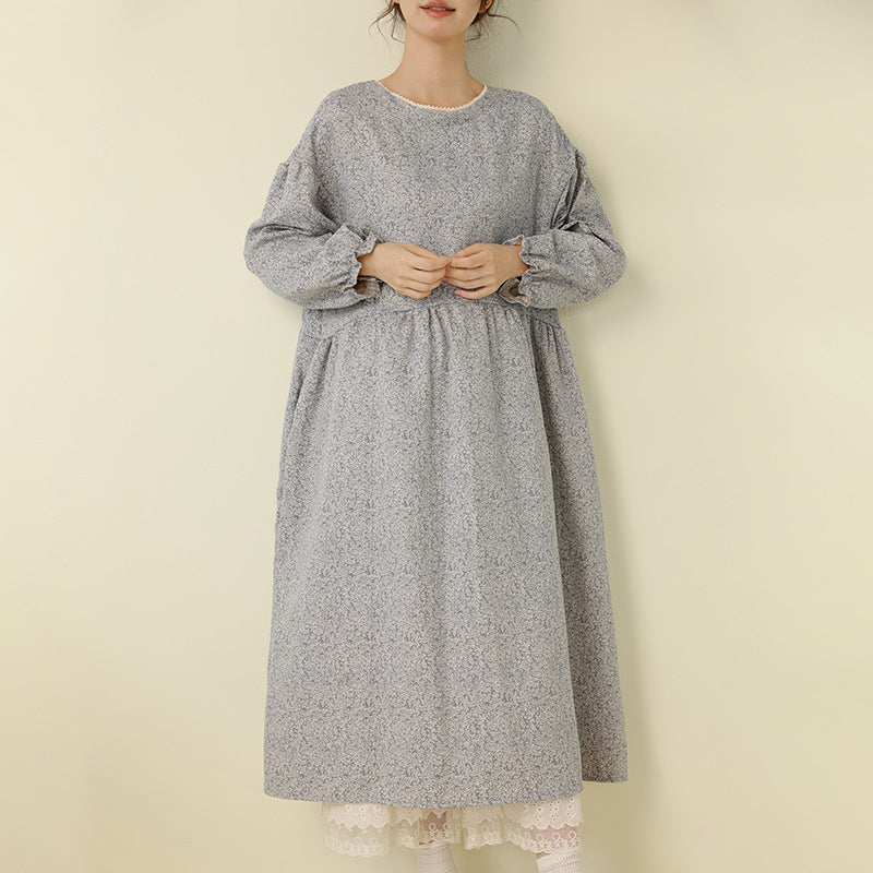 Japanese Style Floral Maxi Dress Casual Long Sleeve
