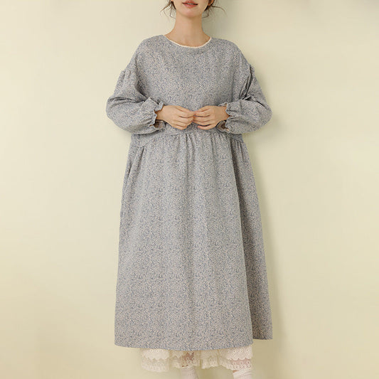 Japanese Style Floral Maxi Dress Casual Long Sleeve