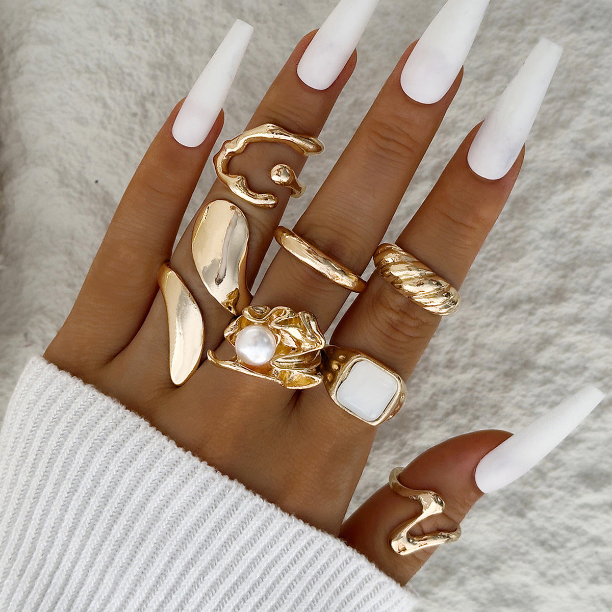 Retro Geometric Adjustable Ring Set With Gemstone Inlays