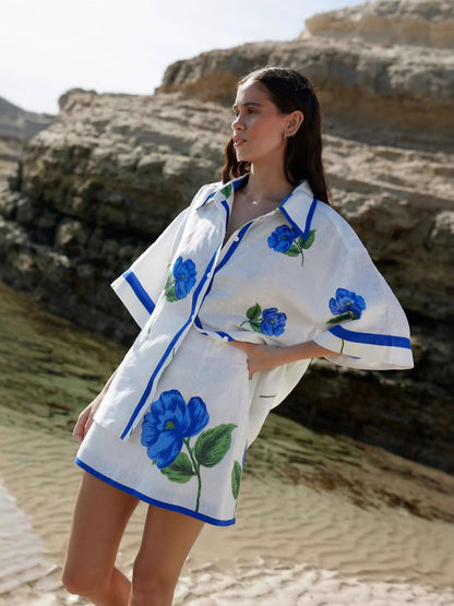 Elegant Floral Print Linen Dress Set