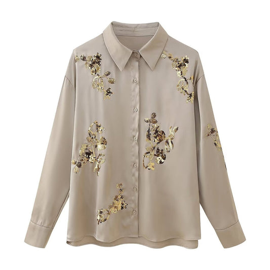 Sequin Embroidered Casual Shirt Pants Set