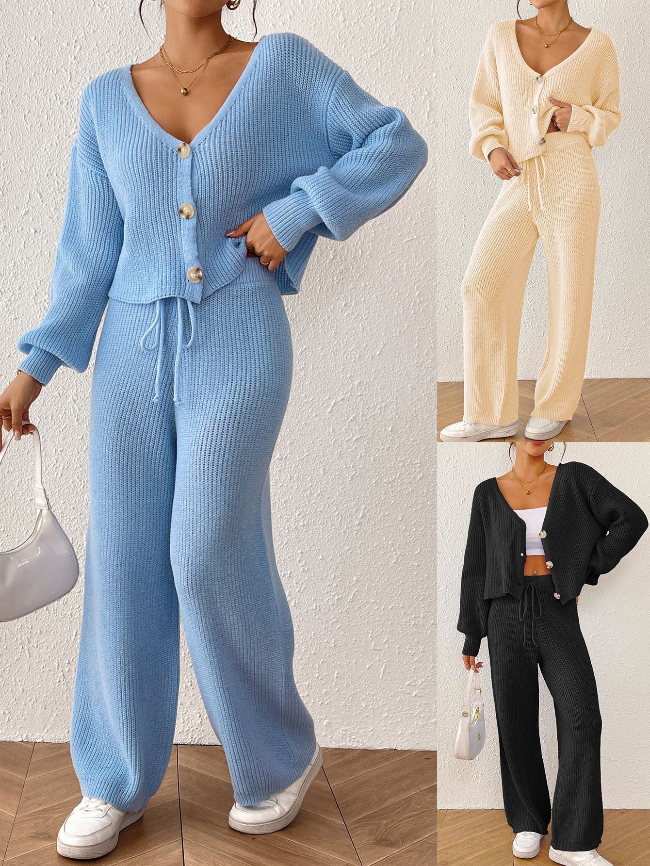 Solid Color Women'S Cardigan Set With Loose-Fit Trousers