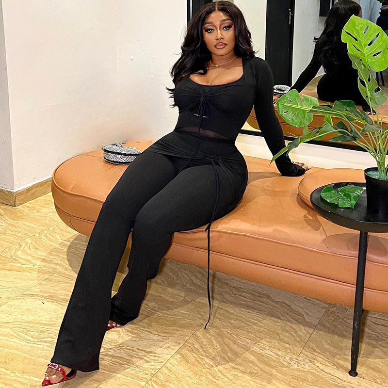 Casual Color Block Two-Piece Set With Mesh Long Sleeve Top And Pants