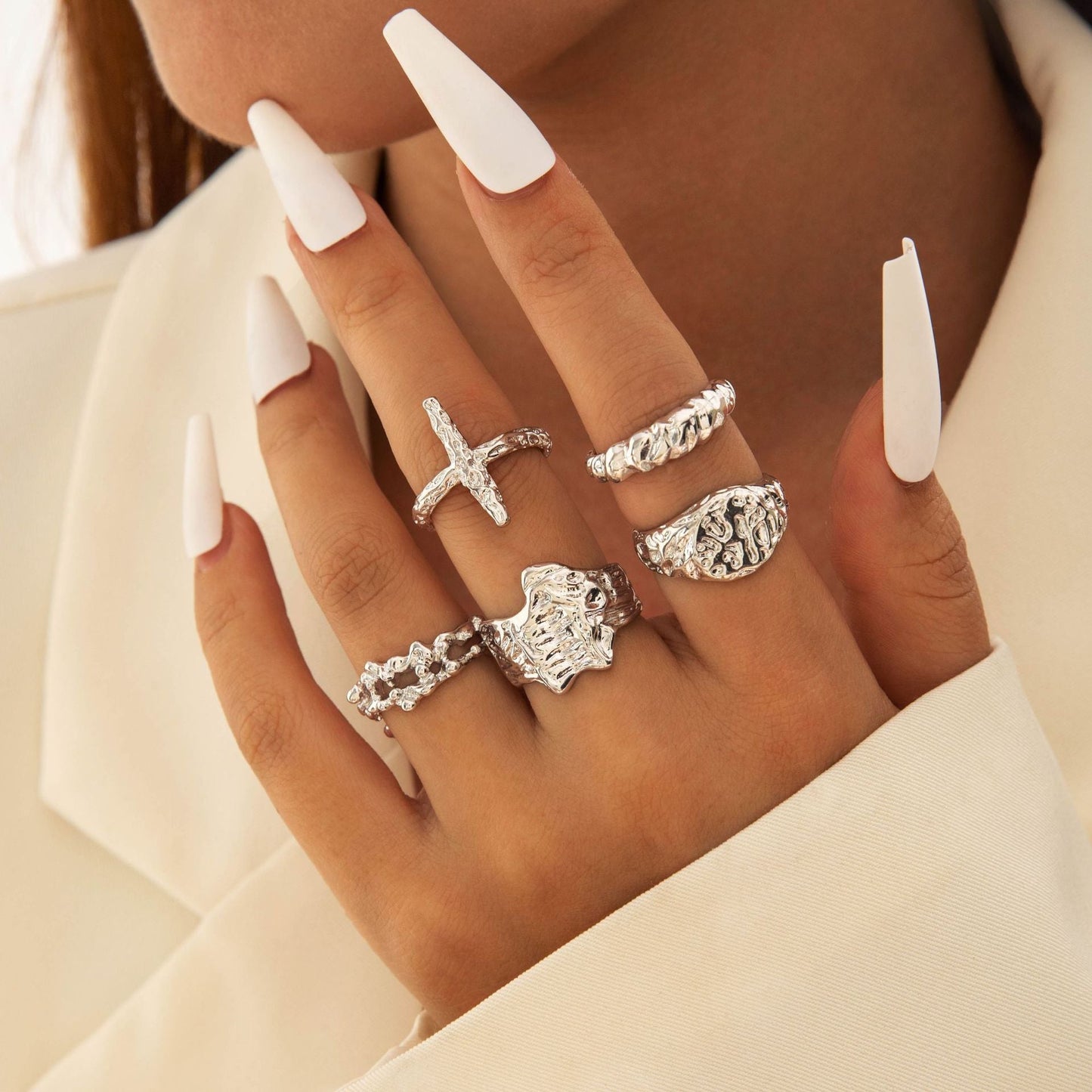 Bohemian Pearl Flower Ring Set Alloy Plating Metal Rings